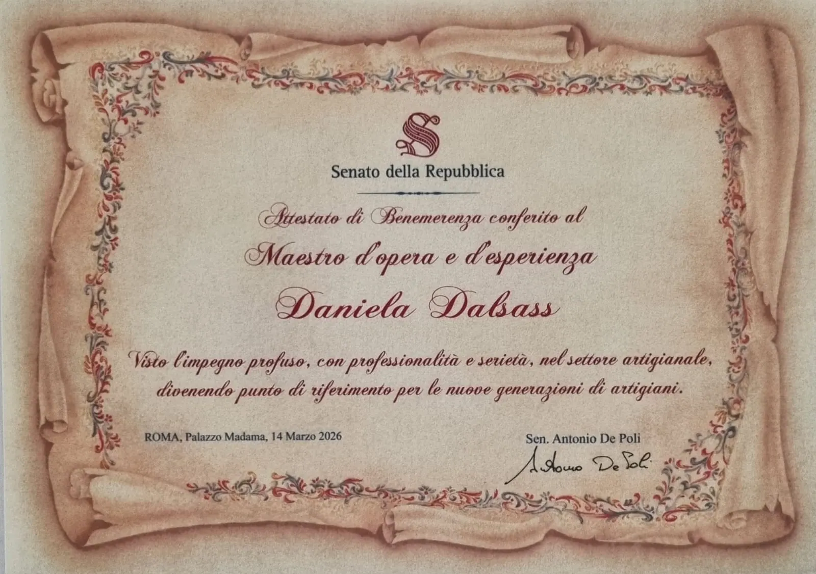 Attestato di Benemerenza del Senato della Repubblica conferito a Daniela Dalsass